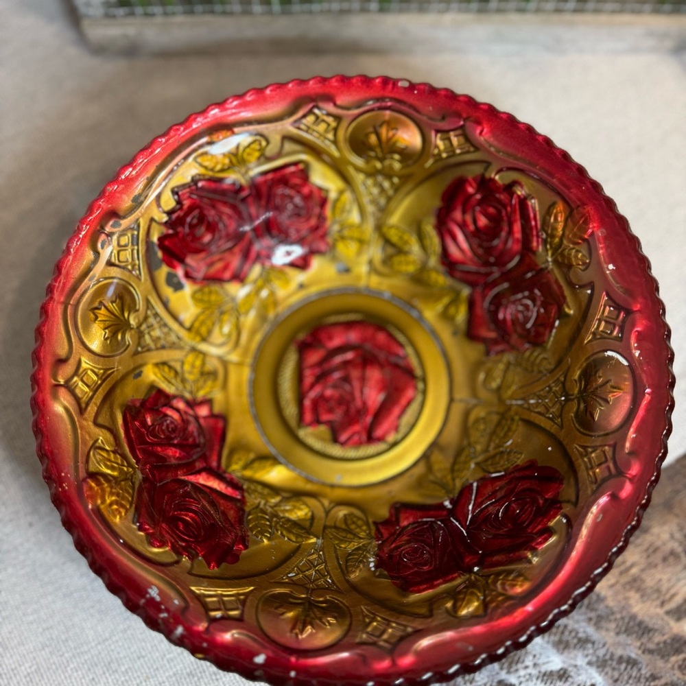 Antique 1910s Goofus Glass Bowl, Imperial Lustre Rose Pattern, Red & Gold Paint.
